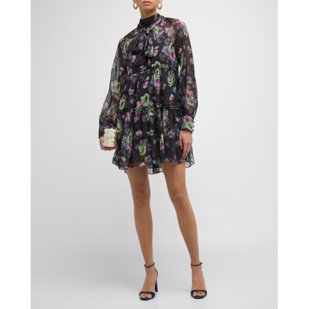 NWT Cinq a Sept Midnight Bloom Revina Dress Size 12 Dark Floral Tie Neck Tiered - Picture 14 of 15